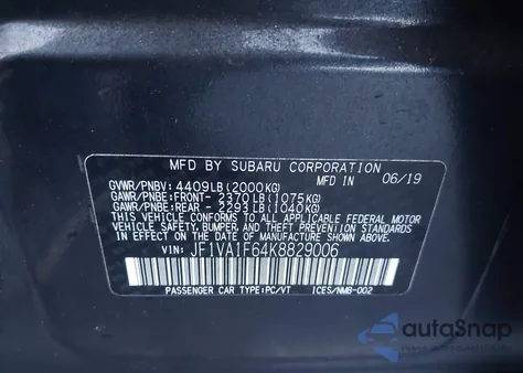 2019 Subaru Wrx Premium from USA, damaged, VIN JF1VA1F64K8829006